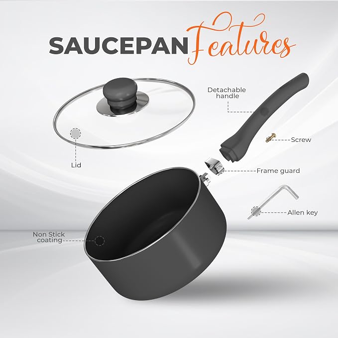 Utopia Kitchen 2 Quart Detachable handle Nonstick Saucepan with Glass Lid, Multipurpose Use for Home, Kitchen or Restaurant, Grey & Black (Pack of 2)