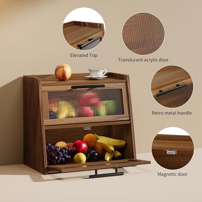 Bread Box for Kitchen Counter,Wooden Double Layer Countertop Bread Storage | Bread Holder Container Bin with Window for homemade bread; Acacia Wood Construction with Metal Handles