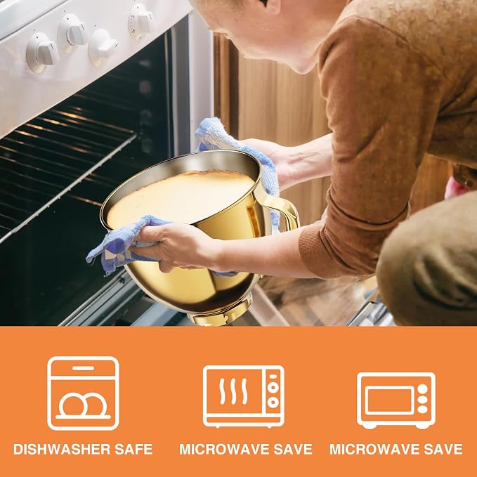 Stainless Steel Mixer Bowl for KITCHENAID TILT-HEAD 4.5-5 Qt Mixer | Anti-slip handle & Prominent Clasp, 5 QT Food-Grade Stainless Steel Polished, Gold