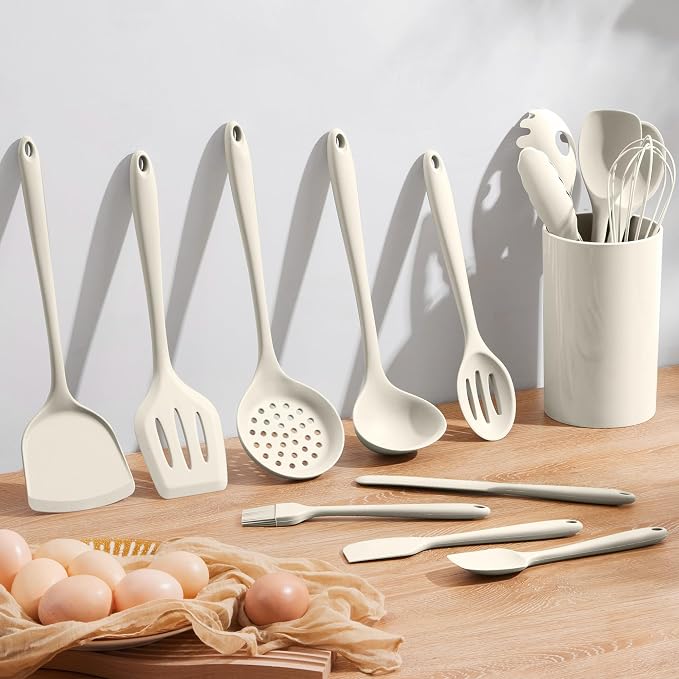 Homikit Kitchen Utensils Set, 15pcs Silicone Cooking Utensil with Holder | Heat Resistant Spatula Set include Turner for Nonstick Cookware, Useful Kitchen Gadgets & Pots and Pans Accessories, White