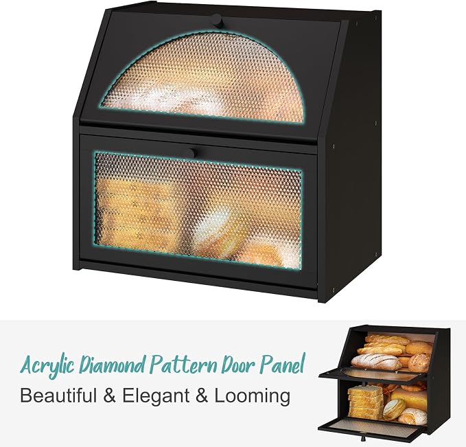 Extra Large Bread Box for Kitchen Counter, Bamboo Wood Double Layer Bread Box for Kitchen Counter, Wooden Capacity Bread Storage Bin，Black