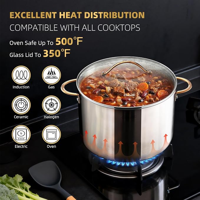 Ciwete 12 Quart Stock Pot with Lid, Upgraded Tri-Ply Stainless Steel Pot, Seamless Large Cooking Pot with Stay-Cool Brass Handle, Healthy Polished Stockpots, Induction Cookware, Oven & Dishwasher Safe