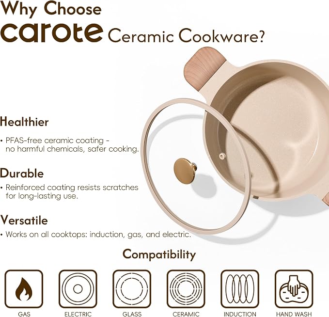 CAROTE 5 Qt Nonstick Stock Pot with Lid Soup Pot, Ceramic 5 Quart Casserole with Lid, Easy to Clean Non Stick Cooking Pot Cookware PFOA Free, Ceramic Oatmeal