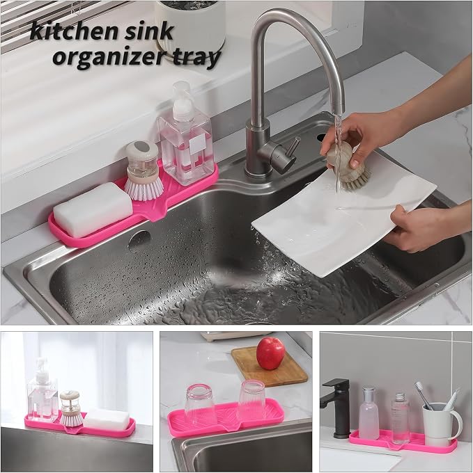 MicoYang Silicone Soap Dish with Drain Spout — Self-Draining Double Sink Organizer Tray for Kitchen & Bathroom, Dispensers, Sponges & Soap Holder, Non-Slip & Dishwasher Safe, Rose (Large, 12"×4")
