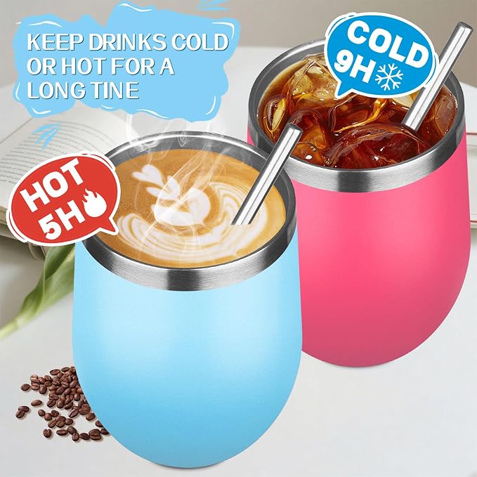 12oz/4 Pack Stainless Steel Wine Tumbler with Lid and Straw, Double Wall Vacuum Insulated Wine Tumbler Glasses, Stemless Travel Mugs for Hot and Cold Drinks, Coffee, Wine, Cocktails