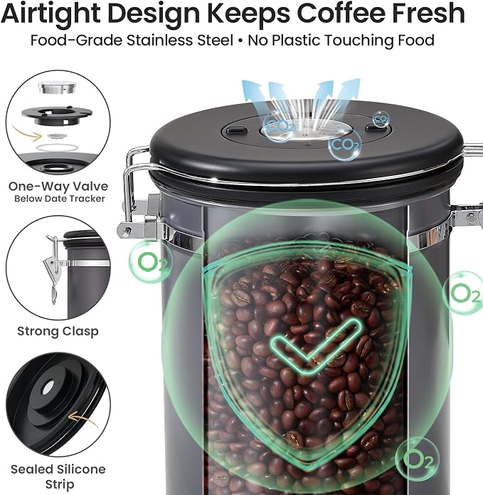Veken Coffee Canister, Airtight Stainless Steel Food Storage Container,22OZ | Date Tracker, Kitchen Jars for Beans,Ground, Espresso, Rice,Tea, Sugar,Cereal,Cookie, Bar Accessories,Gifts, Lids, Scoop,Gray