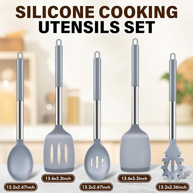 5Pcs Silicone Cooking Utensils Set, Heat Resistant Kitchen Tools Include Solid&Slotted Spatula, Cooking Spoon and Pasta Server, Silicone Kitchen Utensils set for Nonstick Cookware Flipping, Gray