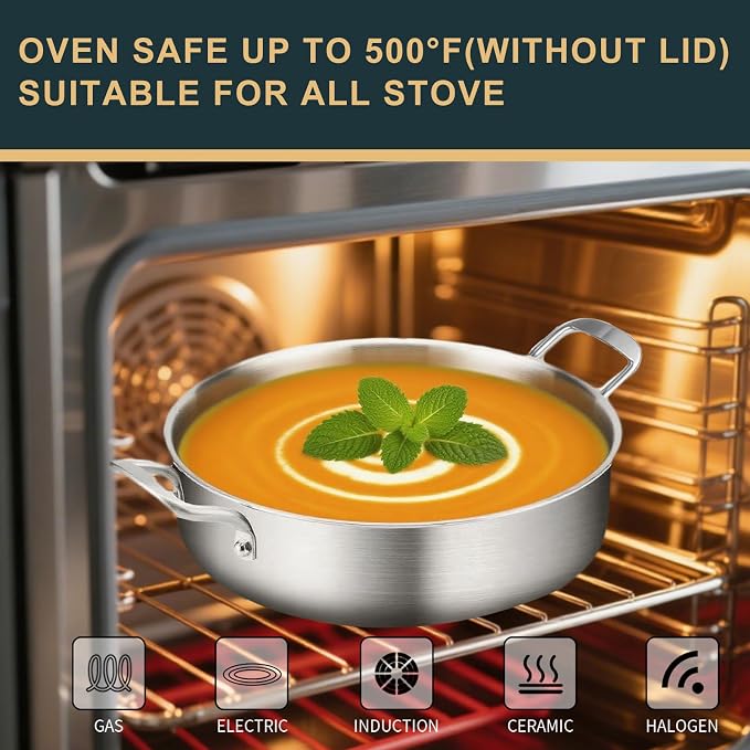 Yeksum 8-Quart Saute Pan with Lid | 13-Inch 3-Ply 18/10 Stainless Steel Deep Fry Pan & Large Skillet, Healthy Non-Toxic Cookware, Oven & Dishwasher Safe