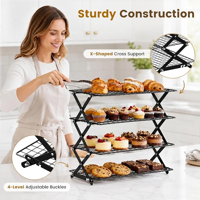 4 Tier Collapsible Cooling Rack for Baking Cookies Bread Barbecue | Include 50 Baking Papers, 4-Level Adjustable Height, 3 Setting Design, Stackable Roasting Rack, X-Shaped Structure
