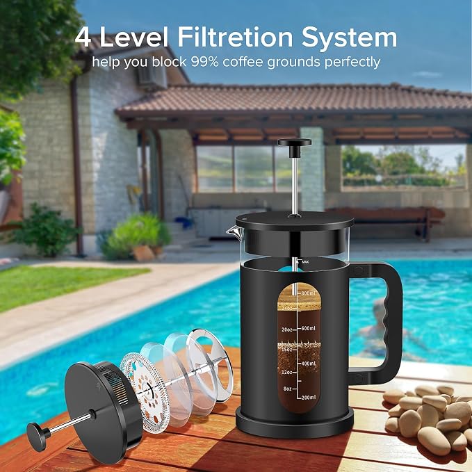 QUQIYSO French Press 34oz, Stainless Steel & Thickened Glass Coffee Press | French Press Coffee Maker,Heat-Resistant Borosilicate Glass,Easy to Clean，Tea Brewer Suitable for Kitchen Party Gifts(Black)