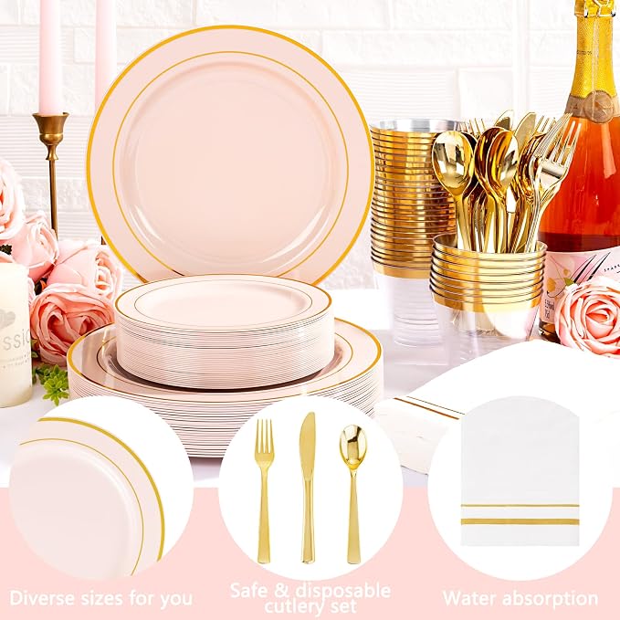 GATHER 700PCS Pink Plastic Plates 100 Guest with Gold Rim for Wedding Party | Pink Disposable Plastic Dinnerware Set include 200 Pink Plates, 300 Silverware, 100 Napkins, 100 Cups for Baby Shower