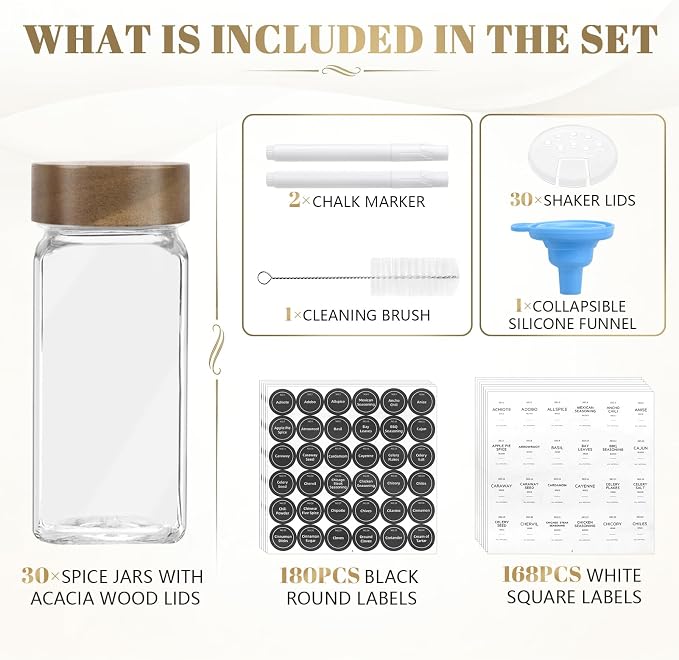 ZEHIQ 30Pcs 4oz Square Glass Spice Jars with Labels and Acacia Wood Lids | Food-Grade Seasoning Containers, Moisture-Proof, Shaker Lids, 348 Labels, Markers, Funnel, Brush, for Cabinet Drawer