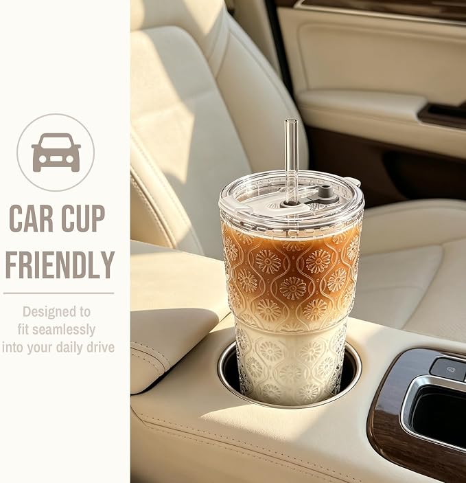SoulTimes 20oz Begonia Flower Glass Tumbler with Bamboo Lid and Straw–Iced Coffee Glasses Cups for Smoothie, Matcha, Juice, Water etc. Leakproof and Reusable Glassware Drinking for Travel To Go [4Pcs]