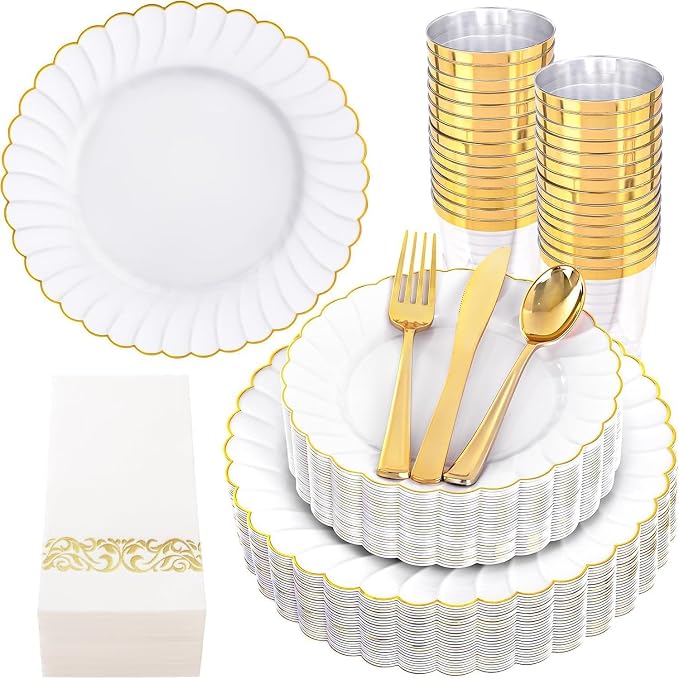 YOUBET 175PCS White and Gold Scalloped Plastic Plates for Party Wedding | White and Gold Disposable Dinnerware Set Include 50 Plates, 75 Gold Silverware, 25 Cups, 25 Napkins