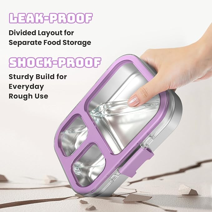 LOHASOK Stainless Steel Bento Lunch Box, 800ml,Purple | 3-Compartment, Leak Proof, Lightweight, Clear Plastic Lid, for Kids Adults, BPA/BPS Free, Dishwasher Safe