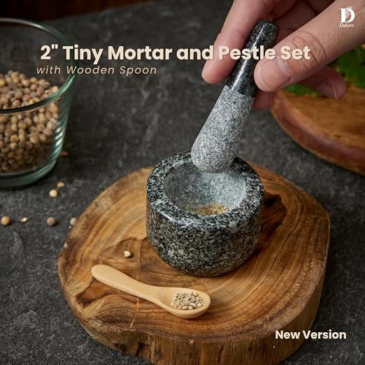 2" Tiny Mortar and Pestle Set with Wooden Spoon, Small, Compact, Mini, Grinding and Crushing Herbs and Spices, Unpolished Inside