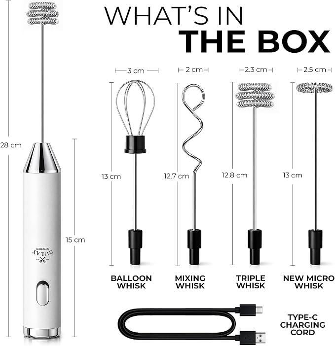 Zulay Kitchen Rechargeable Milk Frother Handheld - Frother Wand, Drink Mixer, Electric Whisk Frother, for Cappuccinos, Matcha & Protein Powder - Ultra Metal 4 Whisk, 1800mAh White