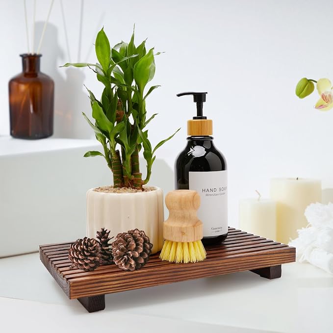 Decorative Wooden Tray for Bathroom Counter Kitchen Wood Riser Vanity Tray | Farmhouse Bathroom Sink Accessories Wood Display Pedestal Stand Countertop Tray Teak Bathtub Dish Soap Dispenser Holder