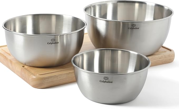 Calphalon Astro Mixing Bowls, 3-Piece Stainless Steel Mixing Bowl Set with Matte Finish, Nesting Metal Mixing Bowls for Kitchen, Baking and Prep, Silver