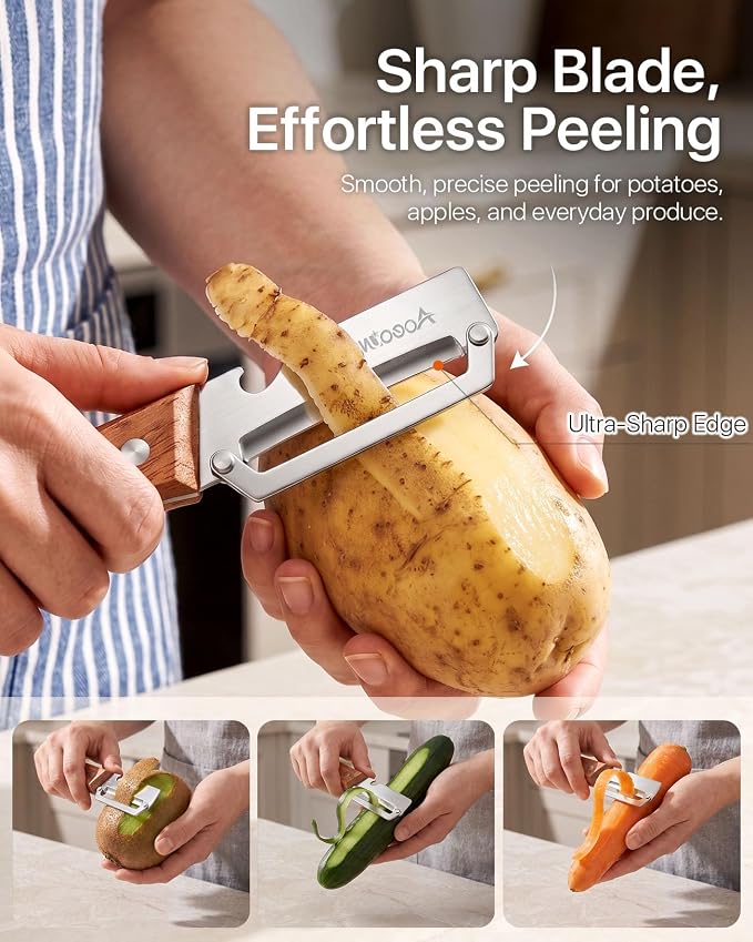 2 Pack Multifunctional Vegetable Peeler With Wooden Handle and Bottle Opener, 3-in-1 Stainless Steel Potato Peeler for Kitchen, 2026 Upgraded Ergonomic Hand Held Peeler Knife for Fruit & Vegetables