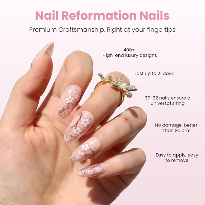 Nail Reformation Press On Nails, Soft Sakura | Floral Medium Almond 30 Pcs | 15 Sizes Fake Nails with Gold Flecks on Sheer Nude Base Salon Quality Reusable Stick On Nails False Nail Kit Gifts for Women