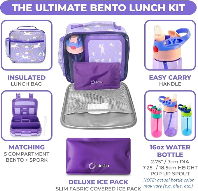 kinsho Kids Bento Lunch Box, Water Bottle, Ice Pack & Bag, Purple Unicorn | 5 Compartment Food Container for Lunches Snacks, BPA Free Plastic, Insulated Set for Small Girls Toddlers Daycare, Pre-School