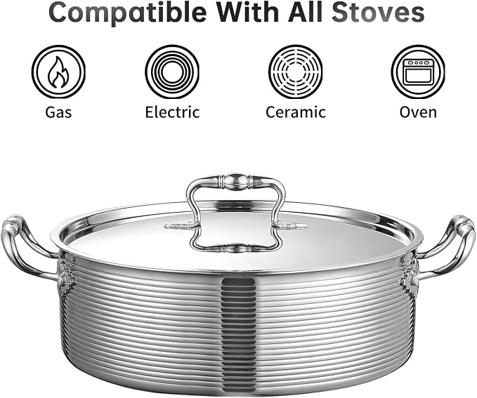 DELARLO Tri-Ply Stainless Steel 8QT Stock Pot,13 inch Everyday Pan with Lid | Kitchen Induction Deep Saute Pan,shabu shabu pot High Side Cooking Hot Pot Oven Safe Up to 600℉