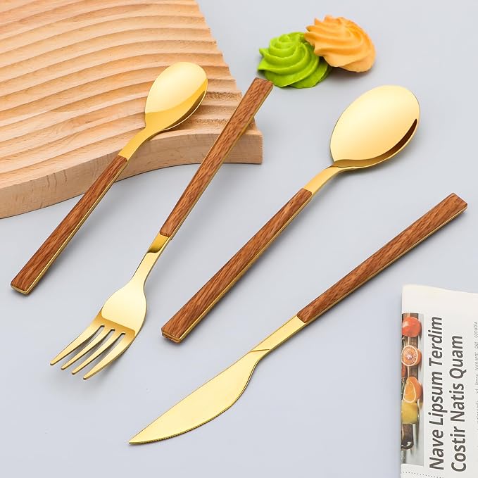 Stainless Steel Flatware Set for 4, Cutlery Utensils Set,Gold | Include Knives/Forks/Spoons Service for 4, Mirror Polished and Dishwasher Safe for Home, Restaurant, Wedding