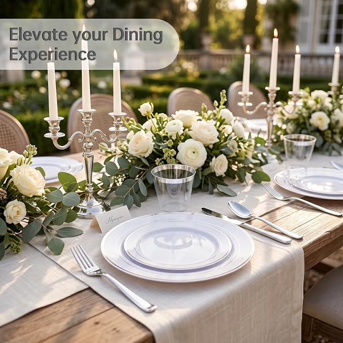 DaYammi 350PCS Silver Plastic Dinnerware Set for 50 Guests, Fancy Disposable Plates for Party, Include: 50 Dinner Plates, 50 Dessert Plates, 50 Pre Rolled Napkins with Silver Silverware, 50 Cups
