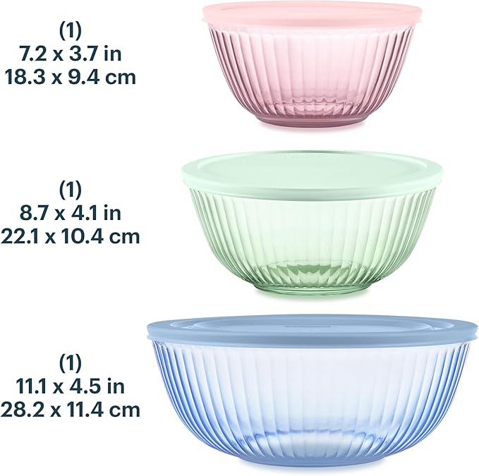 Pyrex Colors (3-Pack) Sculpted Tinted Glass Mixing Bowls with Plastic Lids