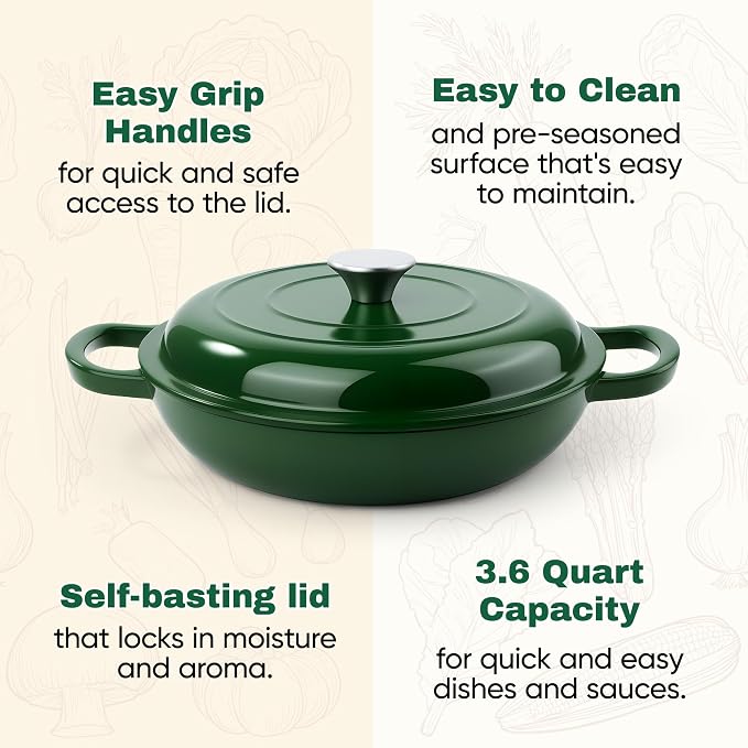 3 Quart Enameled Cast Iron Braiser, Non Stick Enameled Cast Iron Skillet with Lid, Dutch Oven Skillet with lid up to 500°F for Oven, Stove, Grill, Shallow Dutch Oven for Cook, Bake (Green)