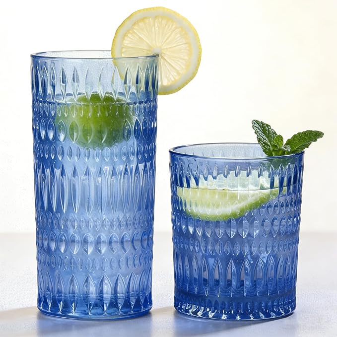 Loivttvv Glassware Drinking Glasses Set of 8, 14 oz Highball Glasses & 10 oz Ribbed Glass Cups, Vintage Glassware for Water, Juice, Cocktail, Whiskey (Blue)