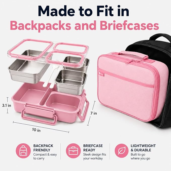 kinsho BIG Bento Lunch Box & Bag, Stainless Steel - Adults Teens Kids Pink | Holds 5 Cups in 3 Removable Metal Containers, Silicone Seals, Bonus Lids, Insulated, Utensils, Leakproof for Work School Food