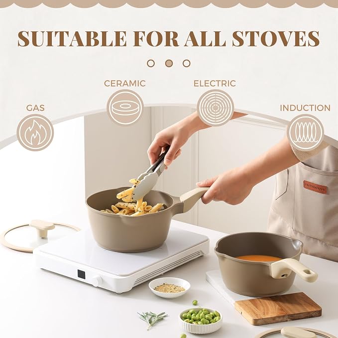 PRICUSIS Nonstick Saucepan with Lid, 2 Quart Sauce Pan, Healthy Sauce Pot with Pour Spouts for Multipurpose Use, PFOS & PFOA Free, Induction Compatible, Apricot