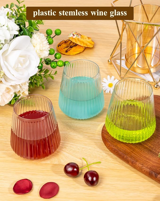 Goodluck 36 Pack 12oz Stemless Plastic Wine Glasses – Clear Ribbed Cups | Elegant Reusable Disposable Drinkware for Weddings, Parties, Bars, Indoor and Outdoor Events