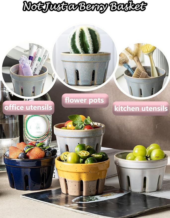 Gomakren Ceramic Berry Basket Set of 2, Small Fruit Bowl Colanders, Gray | Drain Holes Keep Berries Fresh, Stackable, Wash & Serve, Round Strawberry Basket for Fridge Kitchen Counter, Lovely Home Gift