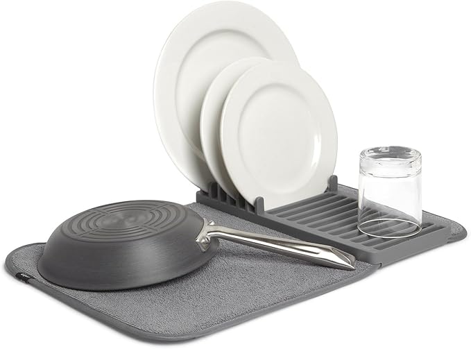Umbra Udry Dish Drying Rack, Folding Dish Drainer Mat, Mini, Dark Grey | Absorbent microfiber base, removable tray, dishwasher safe, compact storage, BPA-free plastic