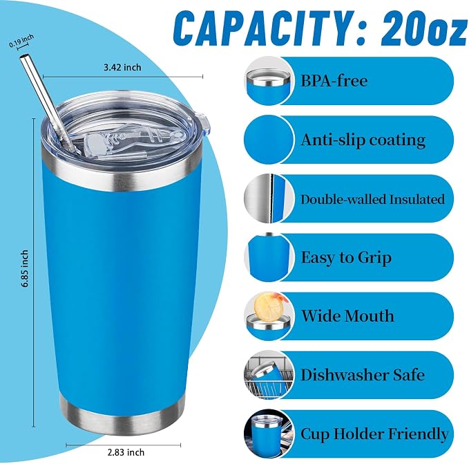 20 oz Tumbler with Lids and Straws, Stainless Steel Insulated Travel Coffee Mug, Double Wall Vacuum Insulated Tumblers, Powder Coated Coffee Tumbler for Cold & Hot Drinks (Mix Color-7, 6 Pack)