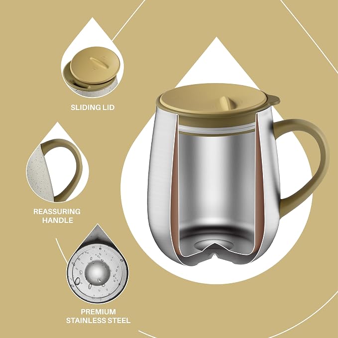 Ideus 16 oz Insulated Coffee Mug with Handle and Lid, Double Wall Stainless Steel Vacuum Thermal Coffee Mug, Travel Coffee Cup Thermal Cup for Home and Office, Eggshell Yellow