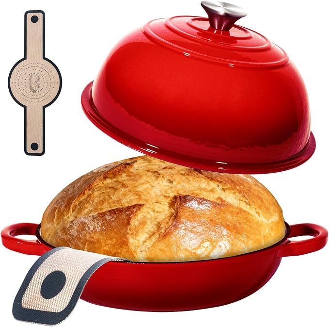6QT Enameled Cast Red Iron Dutch Oven For Sourdough Bread Baking | Dutch Oven Pot With Lid,Non-stick Sourdough Baking Pan with Bread Dome,Round Ceramic Dutch Oven Pot for Homemade