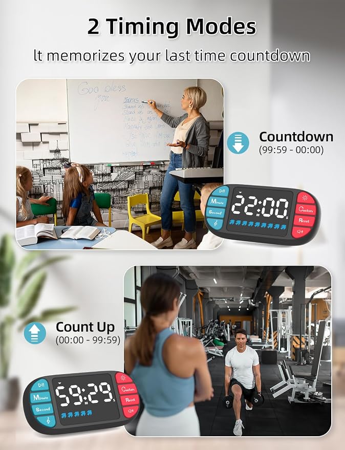 Digital Kitchen Visual Timer: 3.6'' Large LED Display, Magnetic, 3 Brightness, 4 Alarms and Volume, Memory Function, Countdown Count up for Cooking, Classroom, Home Gym, AAA Battery Included