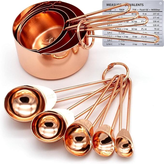 Copper Stainless Steel Measuring Cups and Spoons Set of 8 Engraved Measurements, Pouring Spouts & Mirror Polished for Baking and Cooking Include Magnetic Measurement Conversion Chart by KAISHANE | Engraved measurements, dual pour spouts and magnetic co...