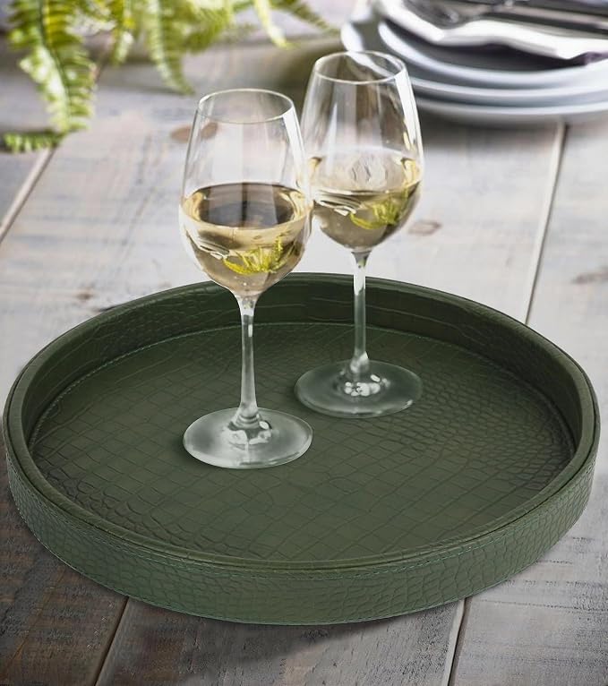 HofferRuffer Faux Leather Round Serving Tray, Vegan Croco Leather Decorative Tray, Food Tray for Storage Drinks, Snack & Cosmetics, Dia.12'' x 1.6'' (Green)