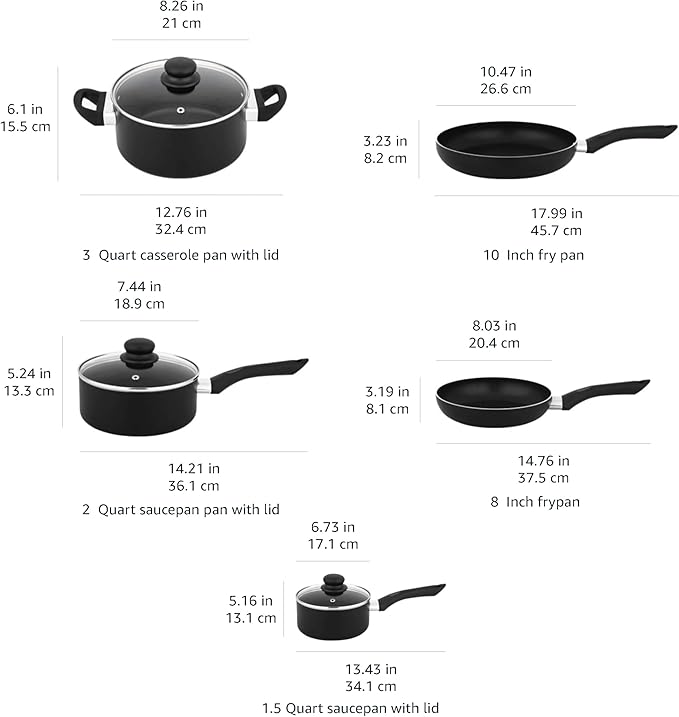 Amazon Basics Non-Stick Kitchen Cookware 8-Piece Set, Non-Induction, Includes Pots and Pans, Black