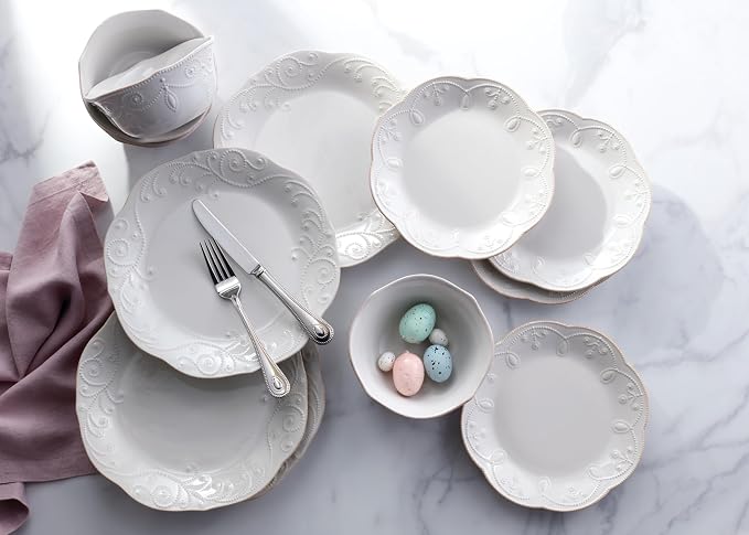 Lenox French Perle White Stoneware Dinnerware Set with All-Purpose Bowls | dishwasher safe, microwave safe | plates and bowls sets for kitchen and dining, dish set, dishes | 20oz