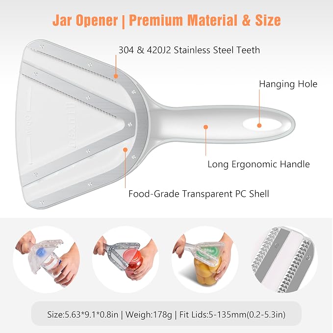 Uinxan Jar Opener for Weak Hands & Seniors with Arthritis - Handheld Manual | Effortlessly Opens Stubborn Screw Lids & Bottle Caps. 304 Stainless Steel. Durable. Patented Kitchen Gadget (Transparent)