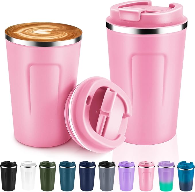 Volhoply 12 oz Double Wall Insulated Vacuum Travel Coffee Mugs with Flip Lid Bulk 2 Pack,Reusable Stainless Steel Leak Proof Coffee Cup,Portable Cafe Thermal Tumbler for Hot & Cold Drinks(Pink,2 Set)