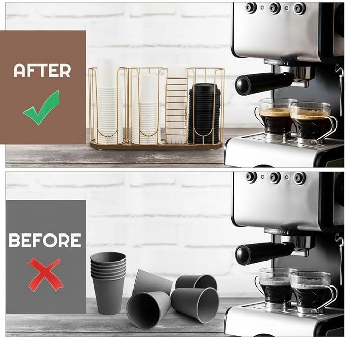 18oz Adjustable Coffee Cup Dispenser with Wooden Base, Cup and Lid Holder, Cups Holder Organizer for Coffee Pod Straw and Lid Storage(4-compartment Single,Color 2)