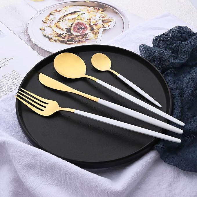 Mirror Silverware Set, 24-Piece 18/0 Stainless Steel Flatware Set For 6, Gold and White Color Forks Spoons Knives Cutlery Set For Home Restaurant, Lightweight and Flat handle
