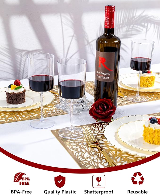 YOUBET 36Pack Plastic Wine Glasses - 10 oz Clear Disposable Wine Cups | Square Plastic Wine Glasses with Stem for Wedding Party Anniversary